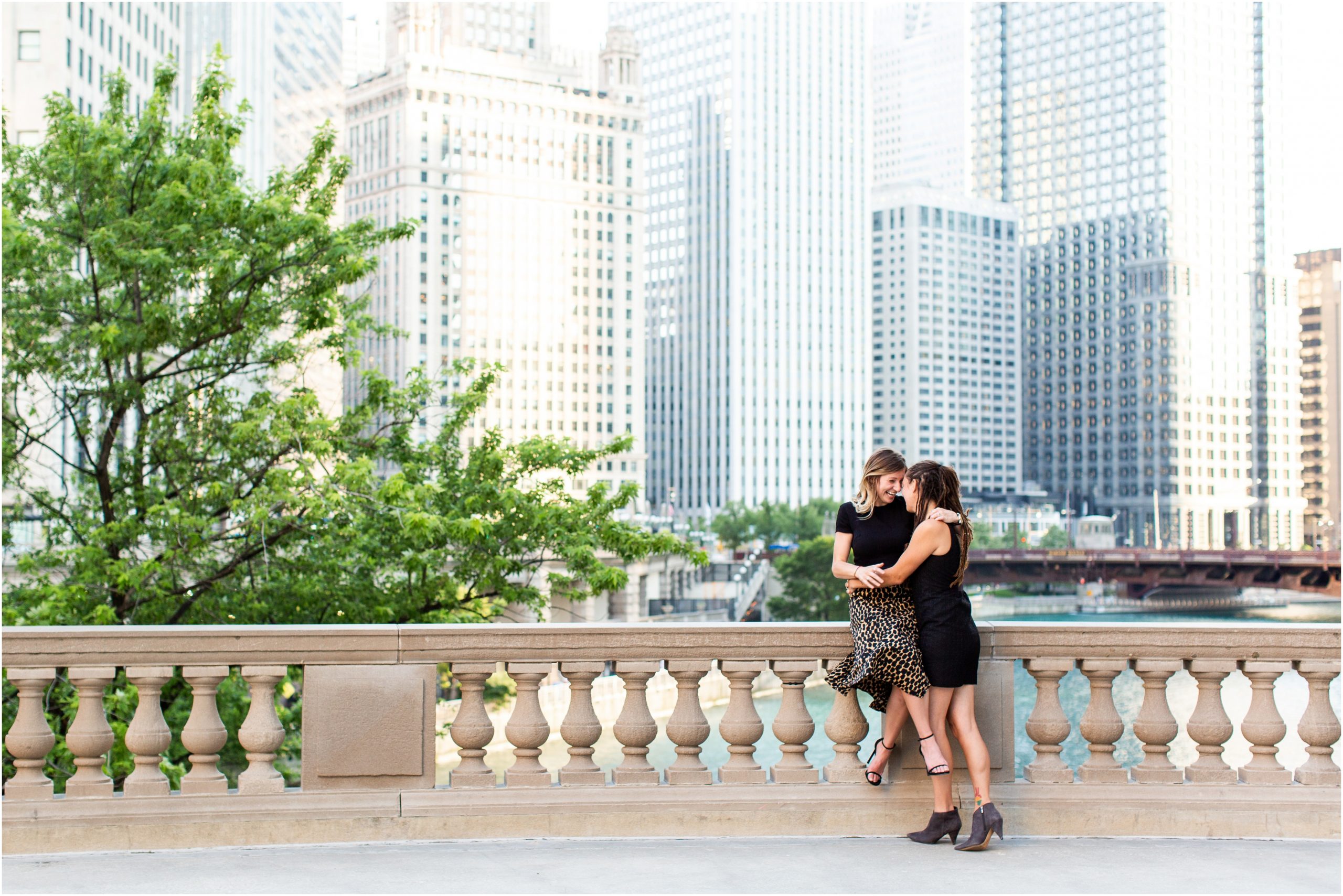 Downtown Chicago engagement portraits, Alexandra lee photography, chicago illinois, engagement photos, engagement photography, Wrigley Building, same sex couple, near the River Walk, same sex couple poses, how to pose same sex couple