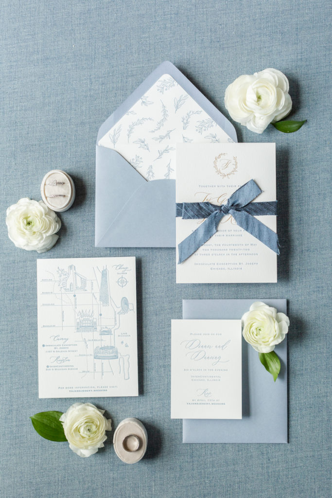 Blue and White Classic Stationery suite for Taj + Jeremy's Elegant Romantic Chicago Wedding by Steracle Press