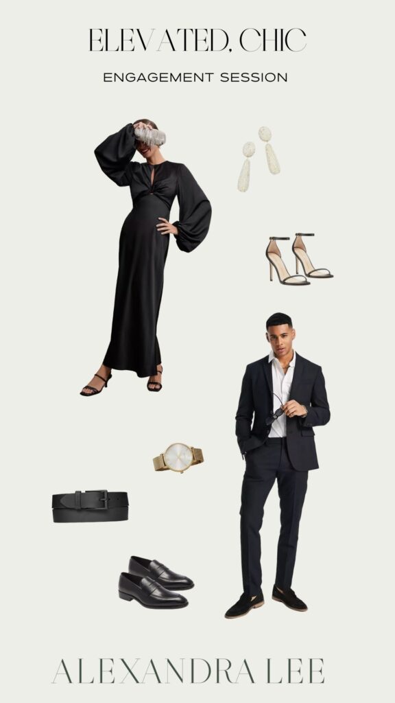 OUTFIT INSPIRATION BOARD FOR A CHIC ELEVATED DOWNTOWN CITY ENGAGEMENT SESSION WITH A BLACK DRESS FROM ANTHROPOLOGIE, A BLACK SUIT, SAM EDLEMAN HEELS