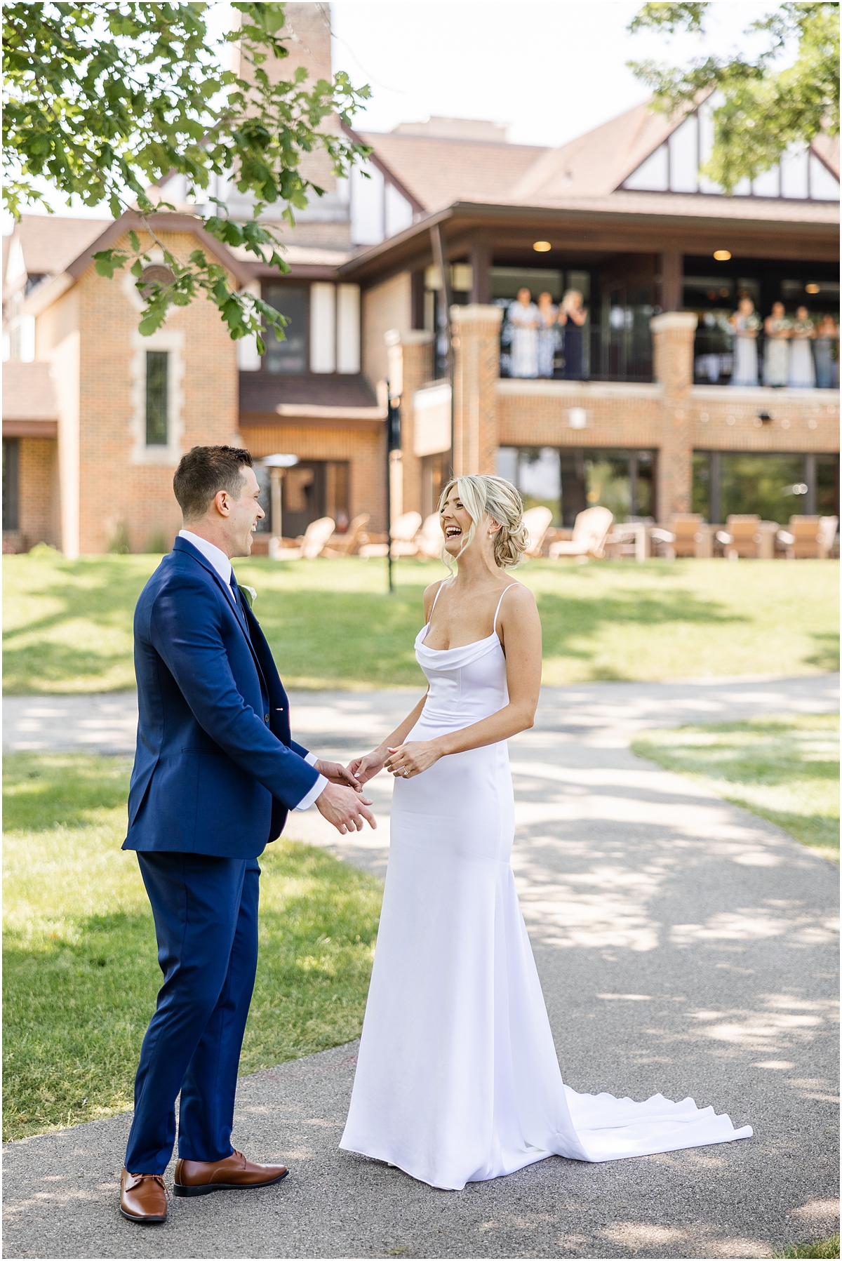 bride and groom first look before Classic and Romantic Wedding at River Forest Country Club 