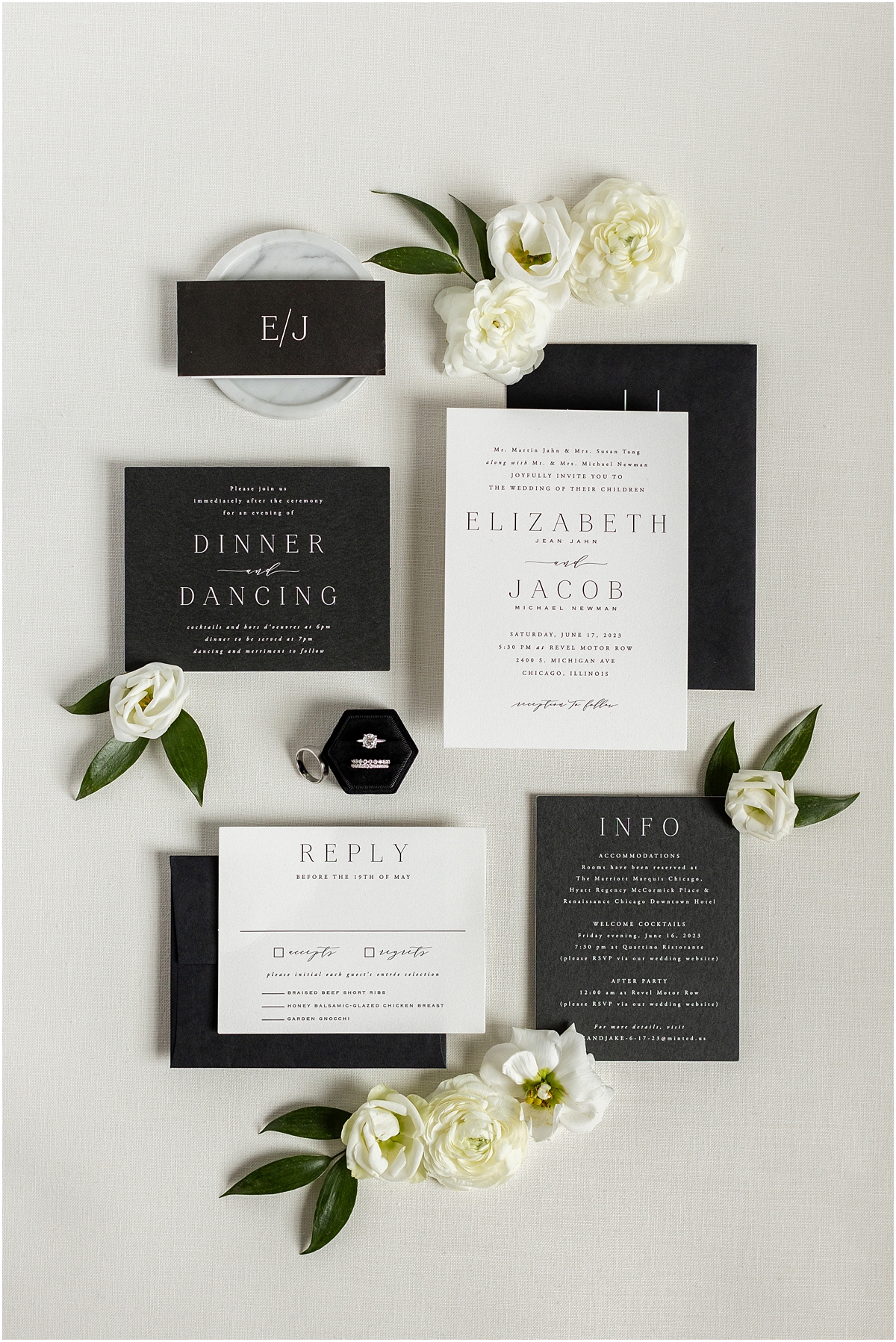 chic wedding invitation suite and flat lay design from Chic Garden Inspired Wedding at Revel Motor Row 