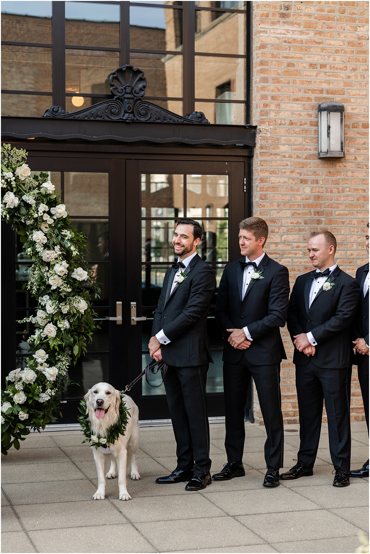 groomsmen and dog at wedding ceremony 