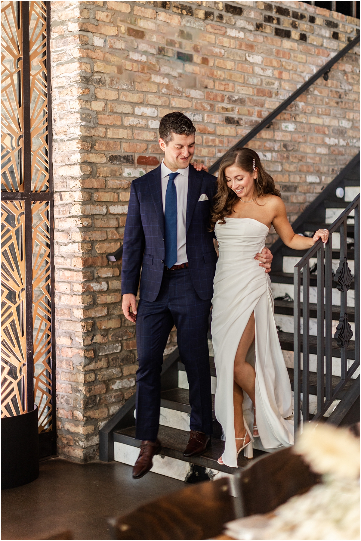 newlywed portraits on stairs 
