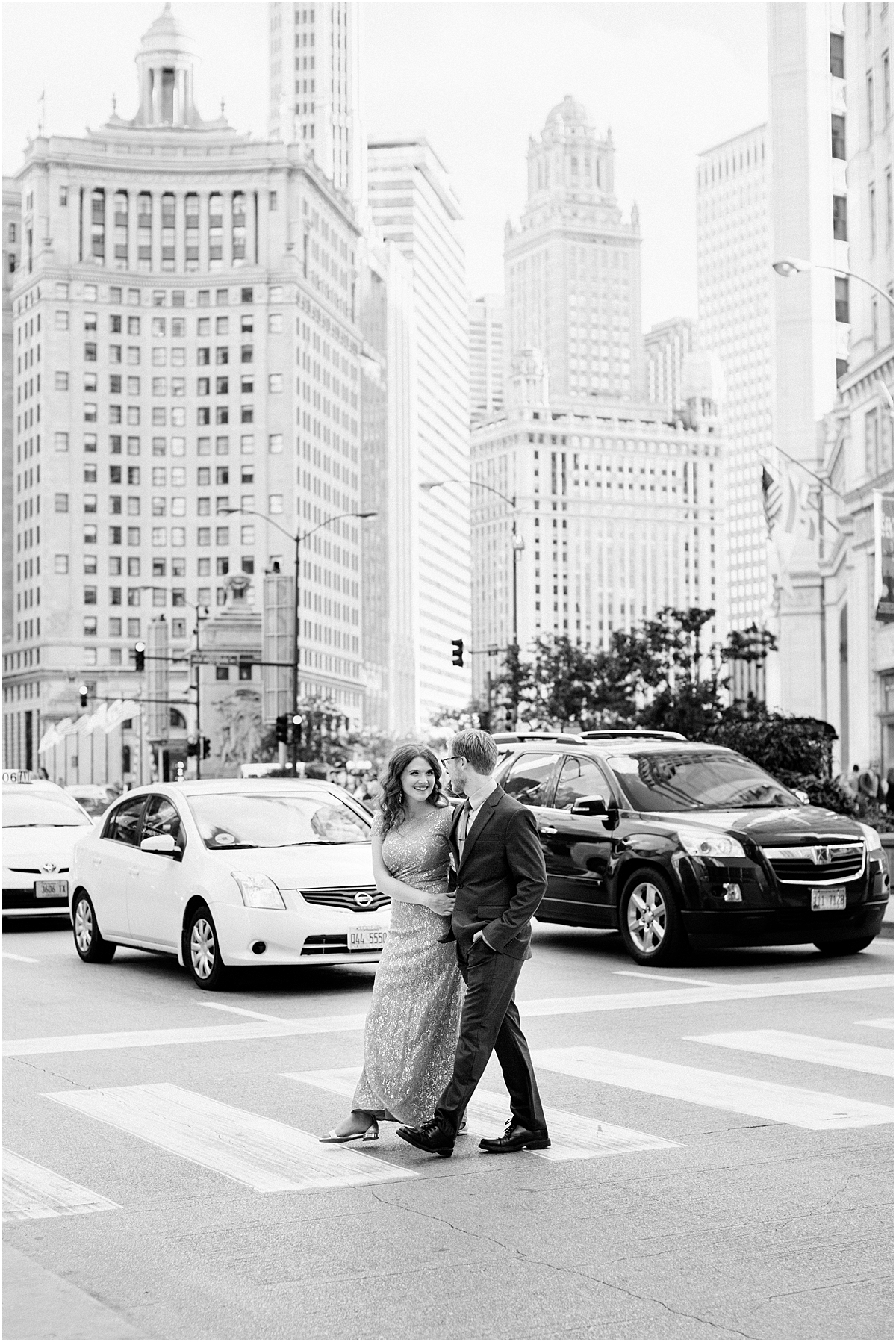 couple in downtown Chicago at Wrigley Building 
