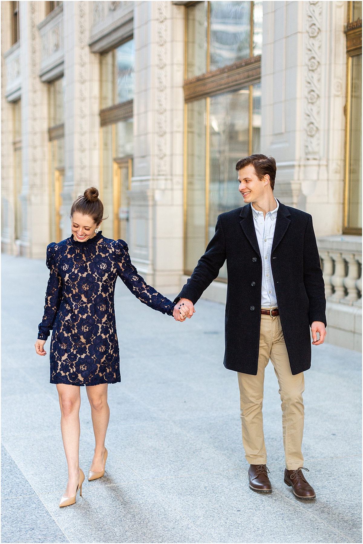 timeless and elegant engagement session at the Wrigley building, one of the 12 Best Chicago Engagement Session Locations