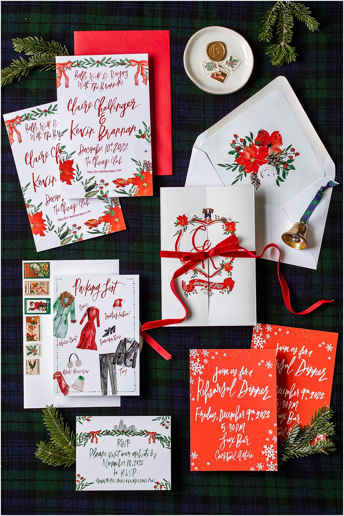 christmas inspired wedding invitations and flat lay design