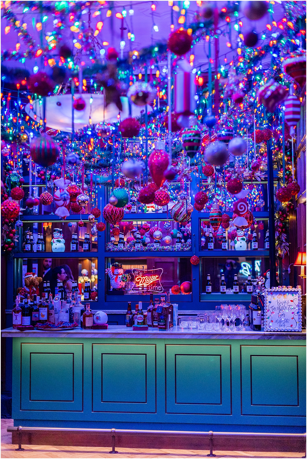 Christmas decorated Miller Lite bar 