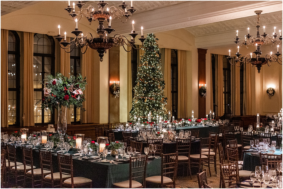 elegant Christmas tree in reception space at The Chicago Club