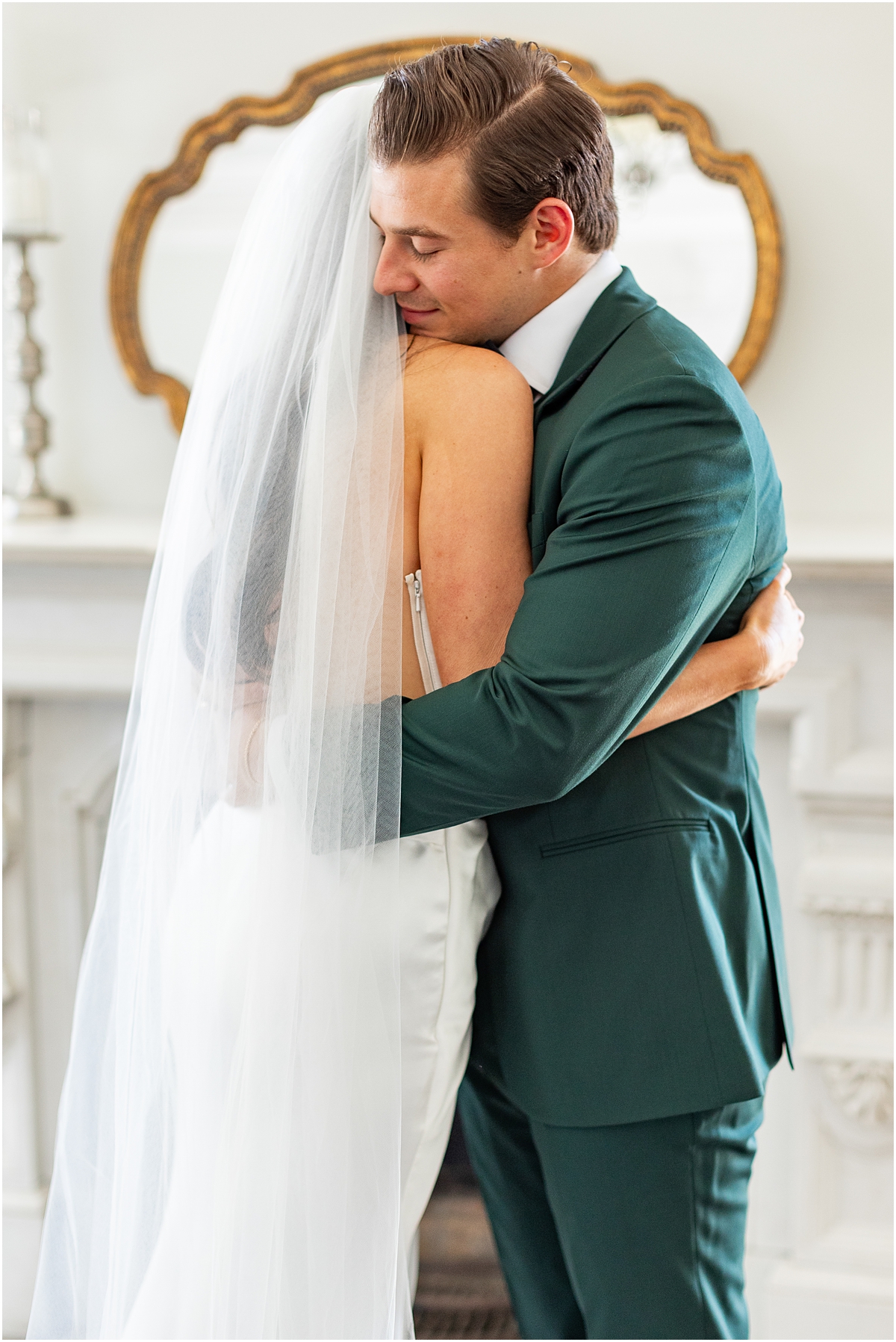 couple hug during first look at The Covenant At Murray Mansion  