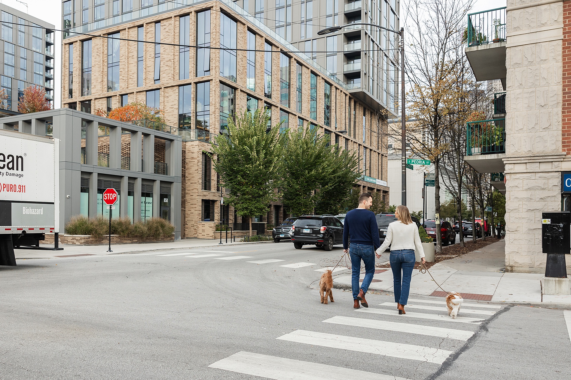 engaged couple walk their two dogs during Chicago engagement session