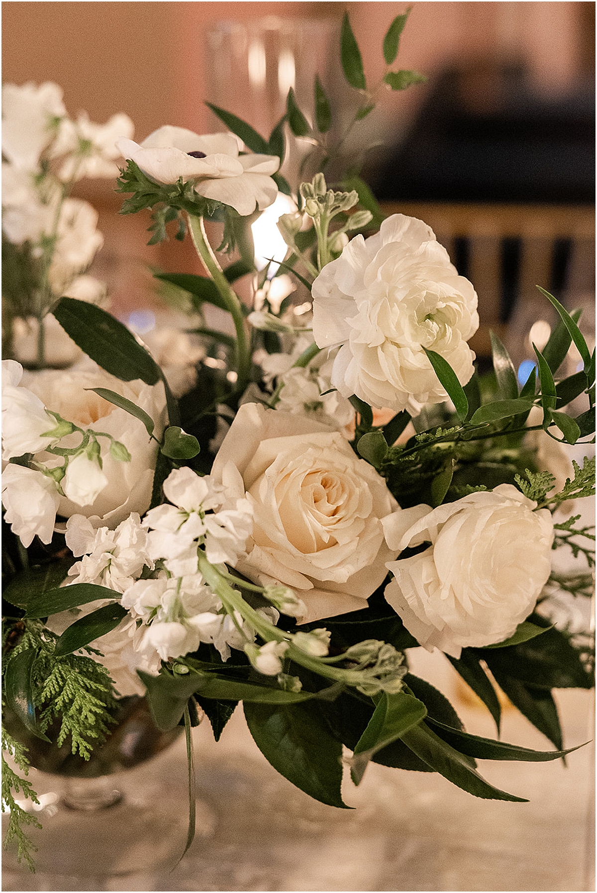 white roses and greenery 