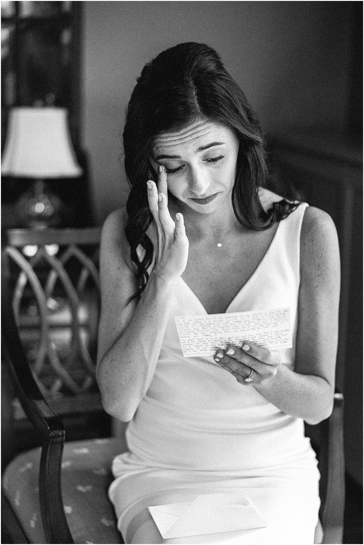 emotional bride as she reads letter