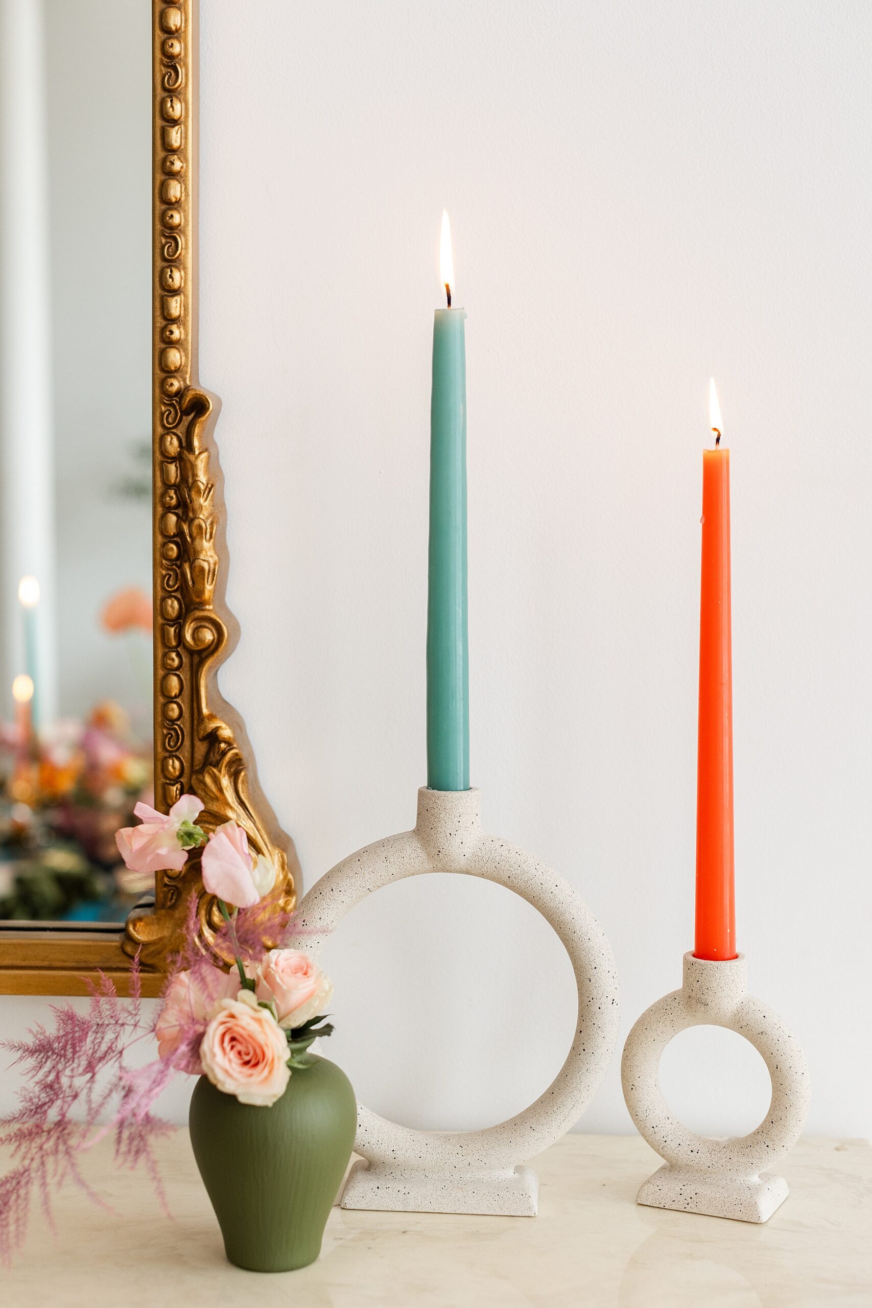 coral and teal candles