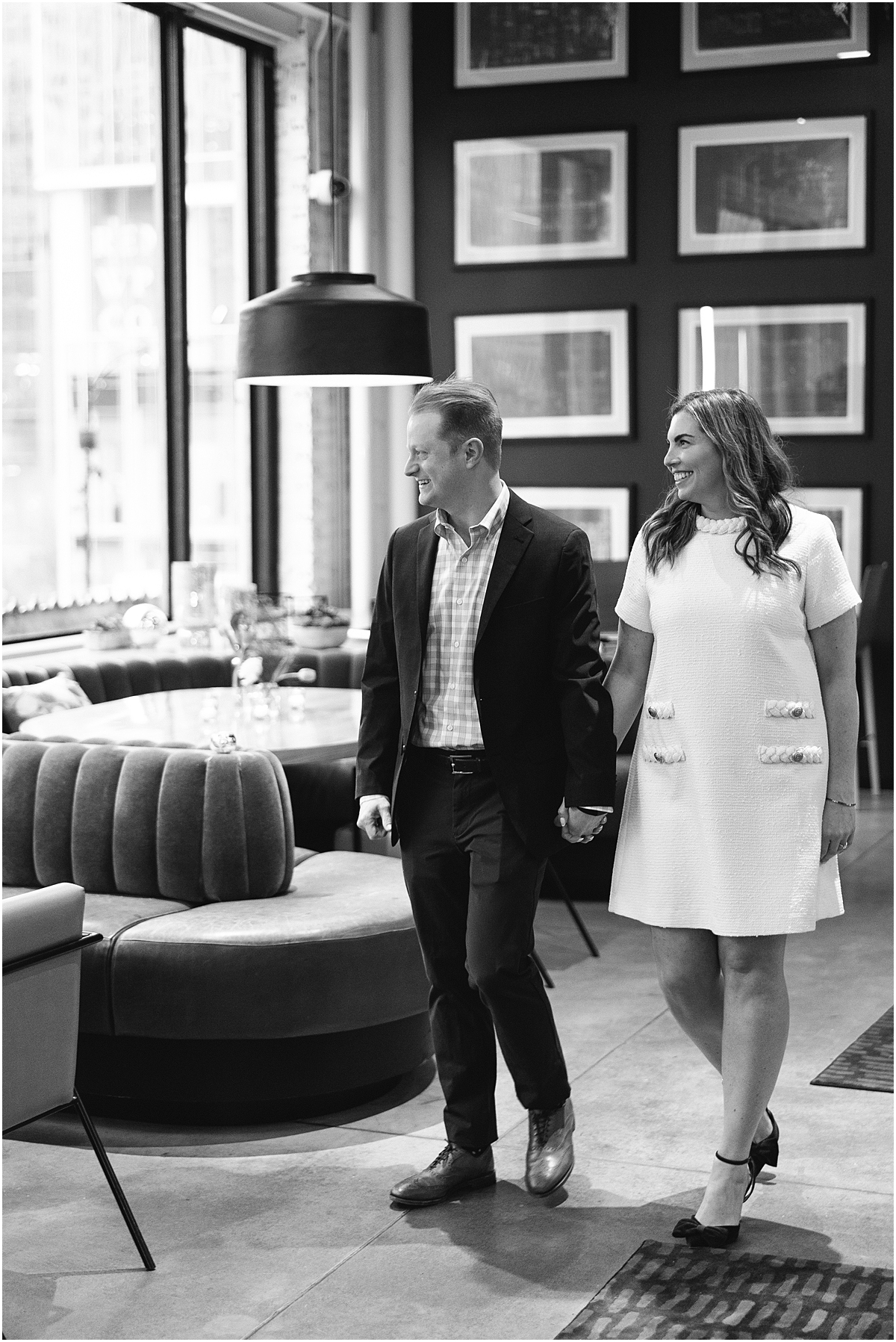 bride and groom to be walk into Marshall's Landing