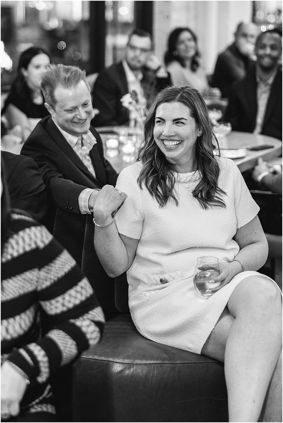 bride and groom at rehearsal dinner at Marshall's Landing in Chicago