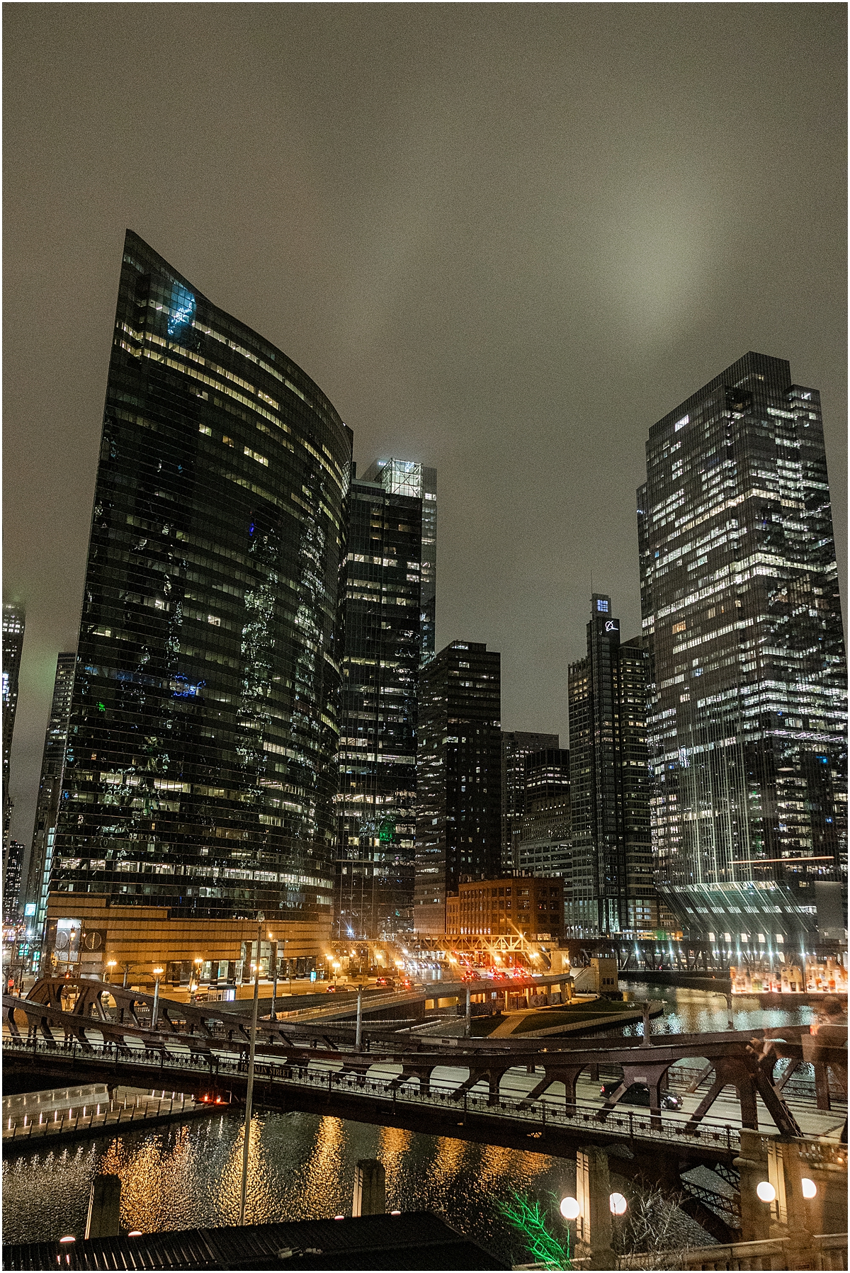 downtown Chicago buildings lit up at night