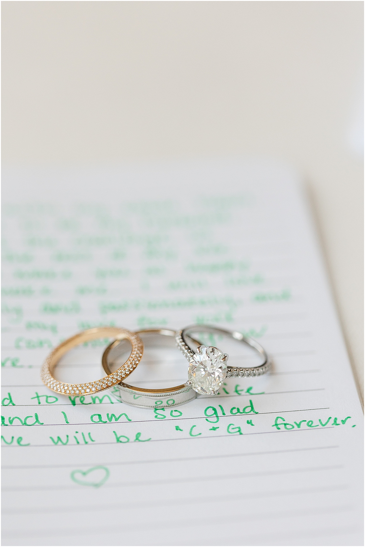 wedding rings on hand-written vows