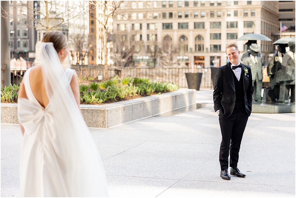 bride and groom first look before Spring Wedding at Chicago Winery