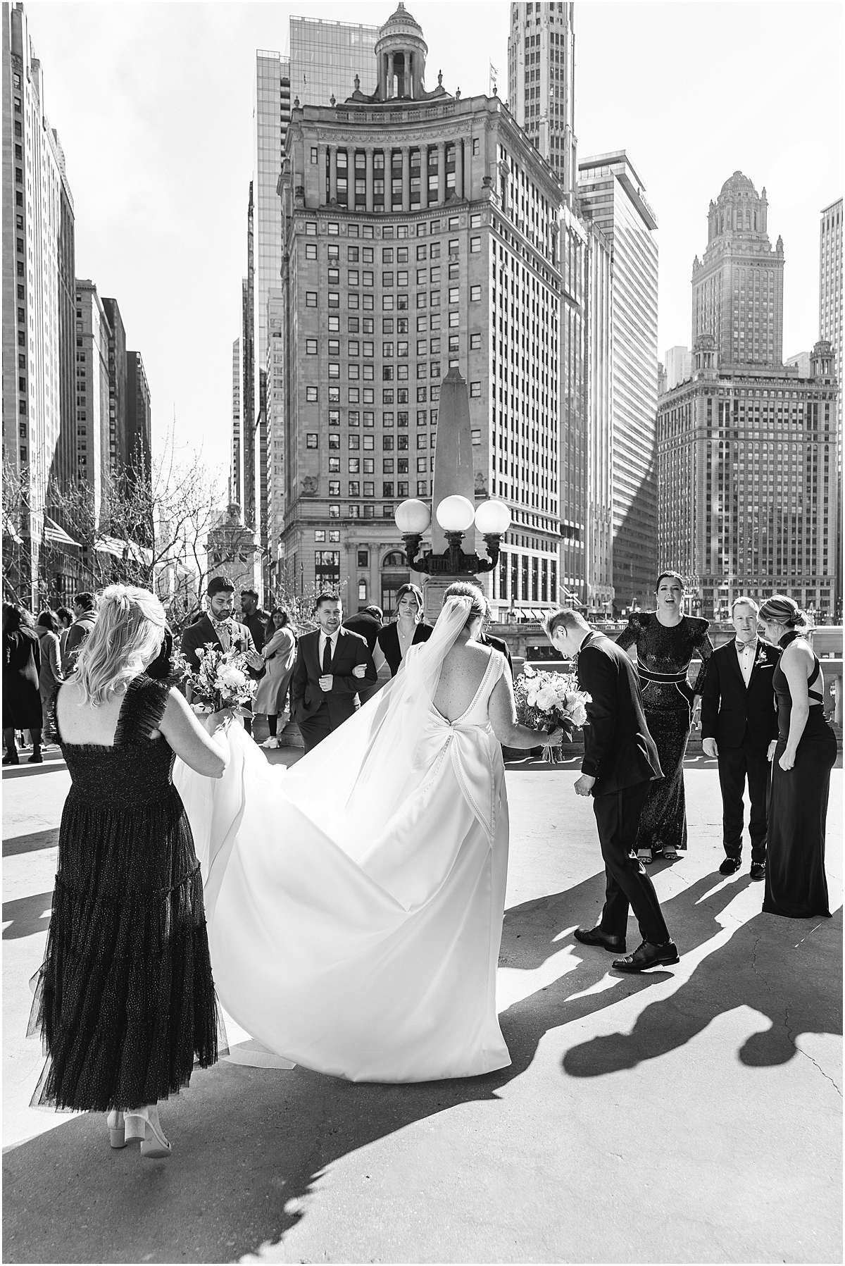 wedding party at Wrigley Building in Chicago
