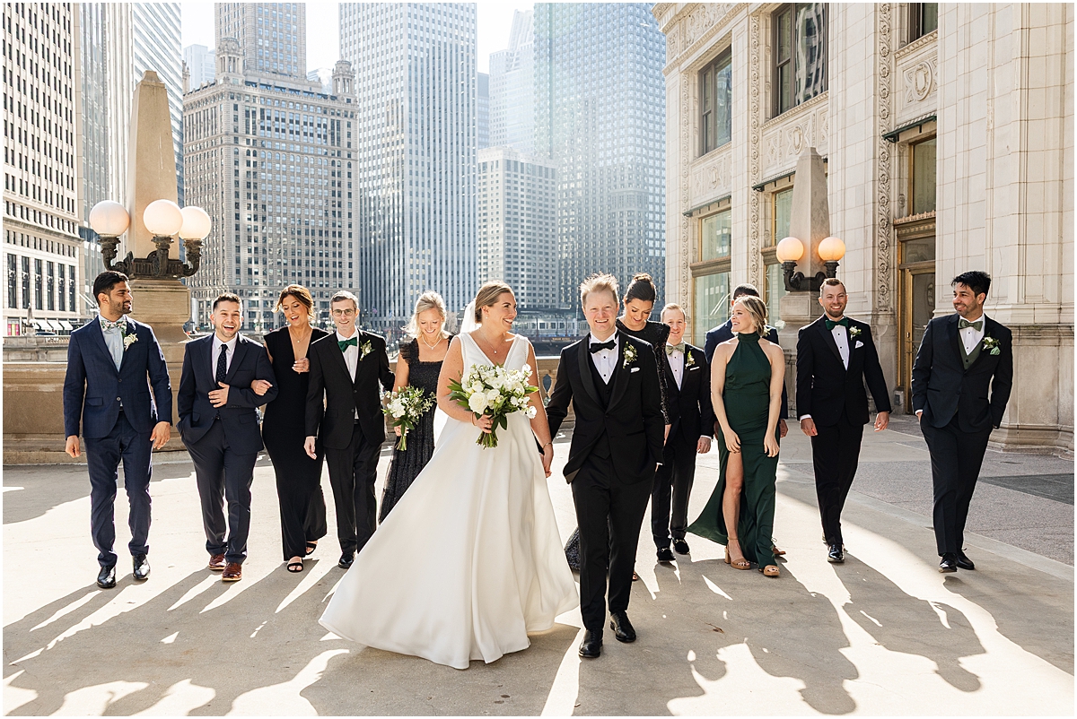 wedding party photos at the Wrigley Building