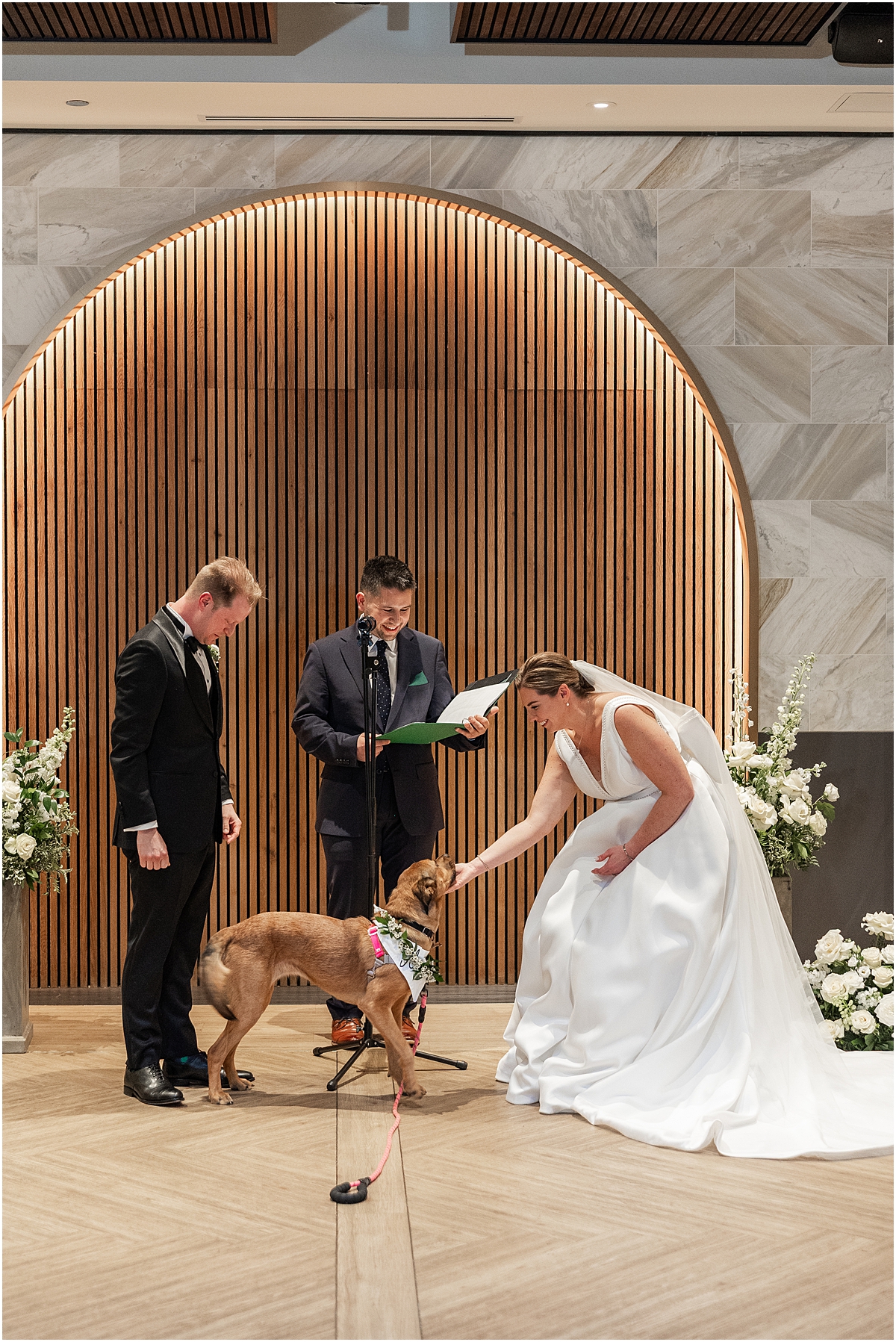 dog with bride and groom at the altar during wedding ceremony