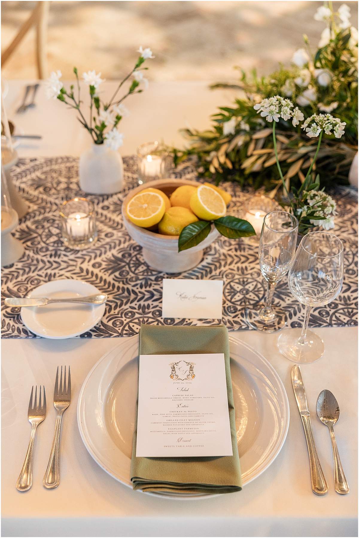 wedding menu on plate and place setting