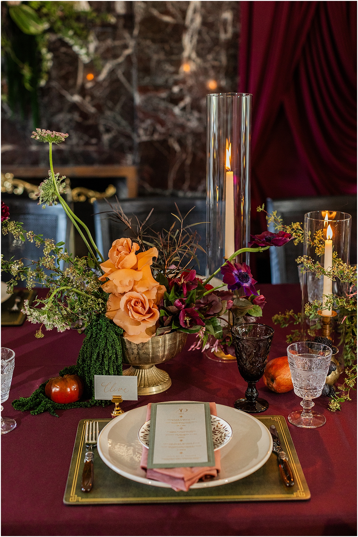 place setting and flower centerpieces from Colvin House Wedding Editorial