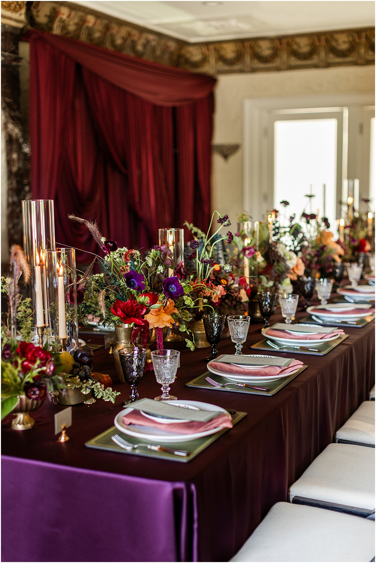 Elegant tablescape from Moody Maximalist Colvin House Wedding Editorial