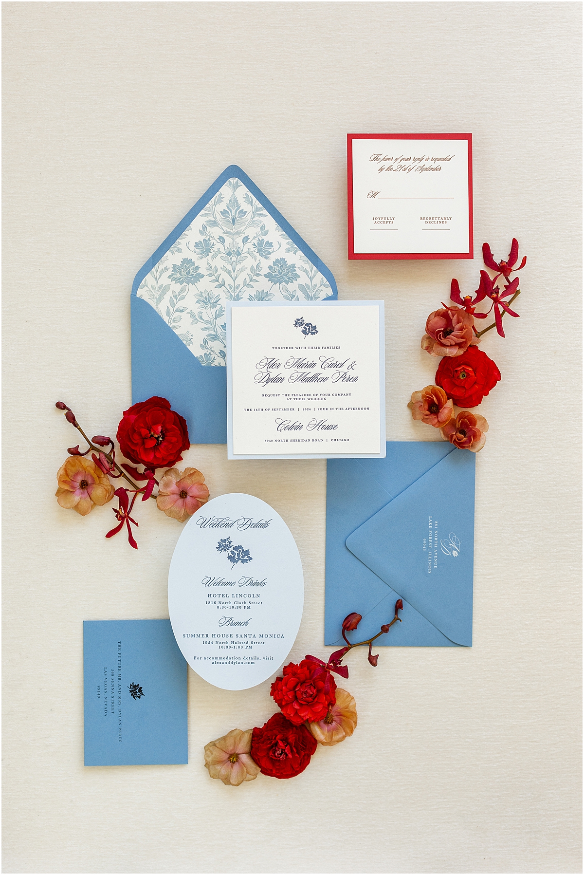 light blue wedding invitation suite with bright red rsvp card