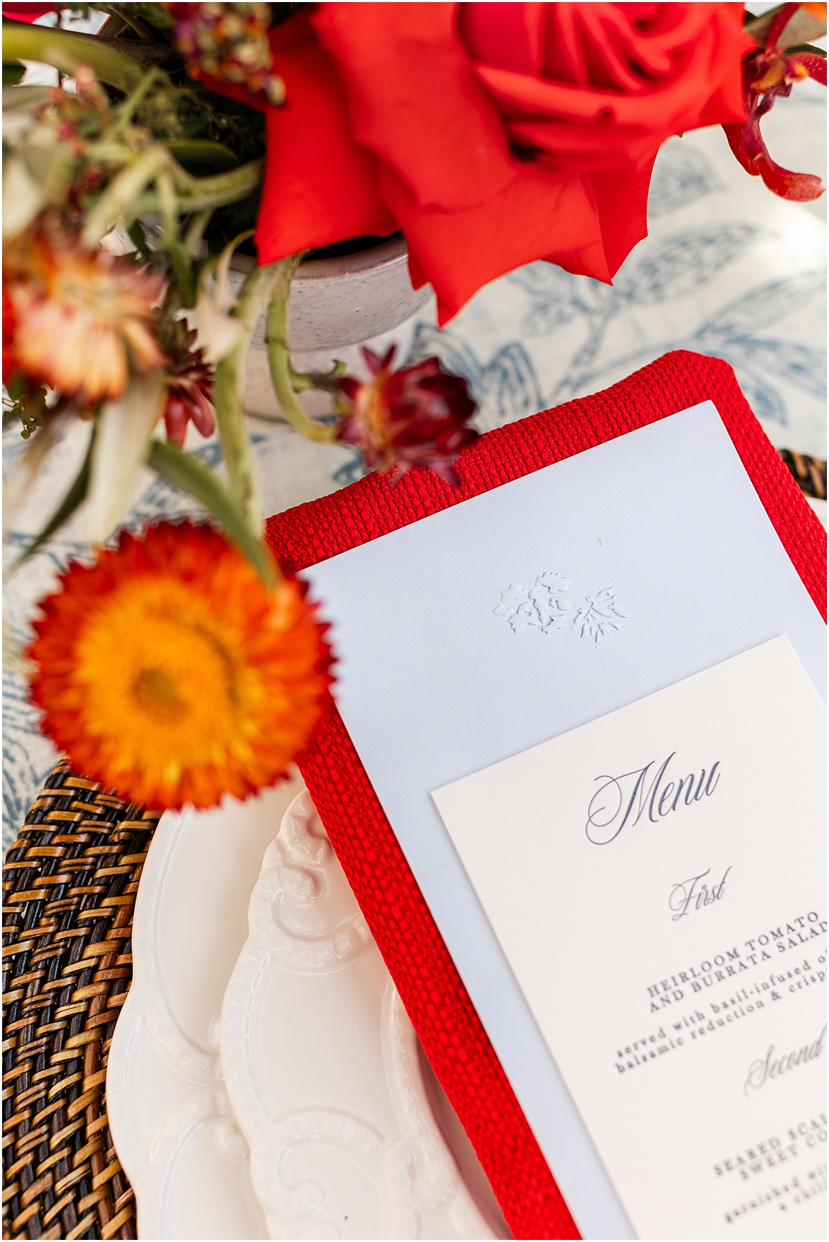 Colvin House Wedding Editorial with custom menus on white napkin