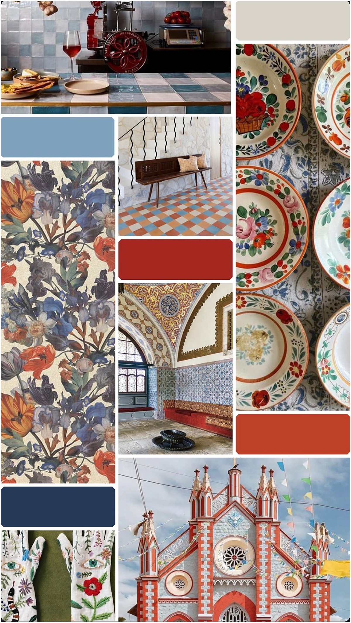 red poppy and classic light blue wedding inspiration mood board