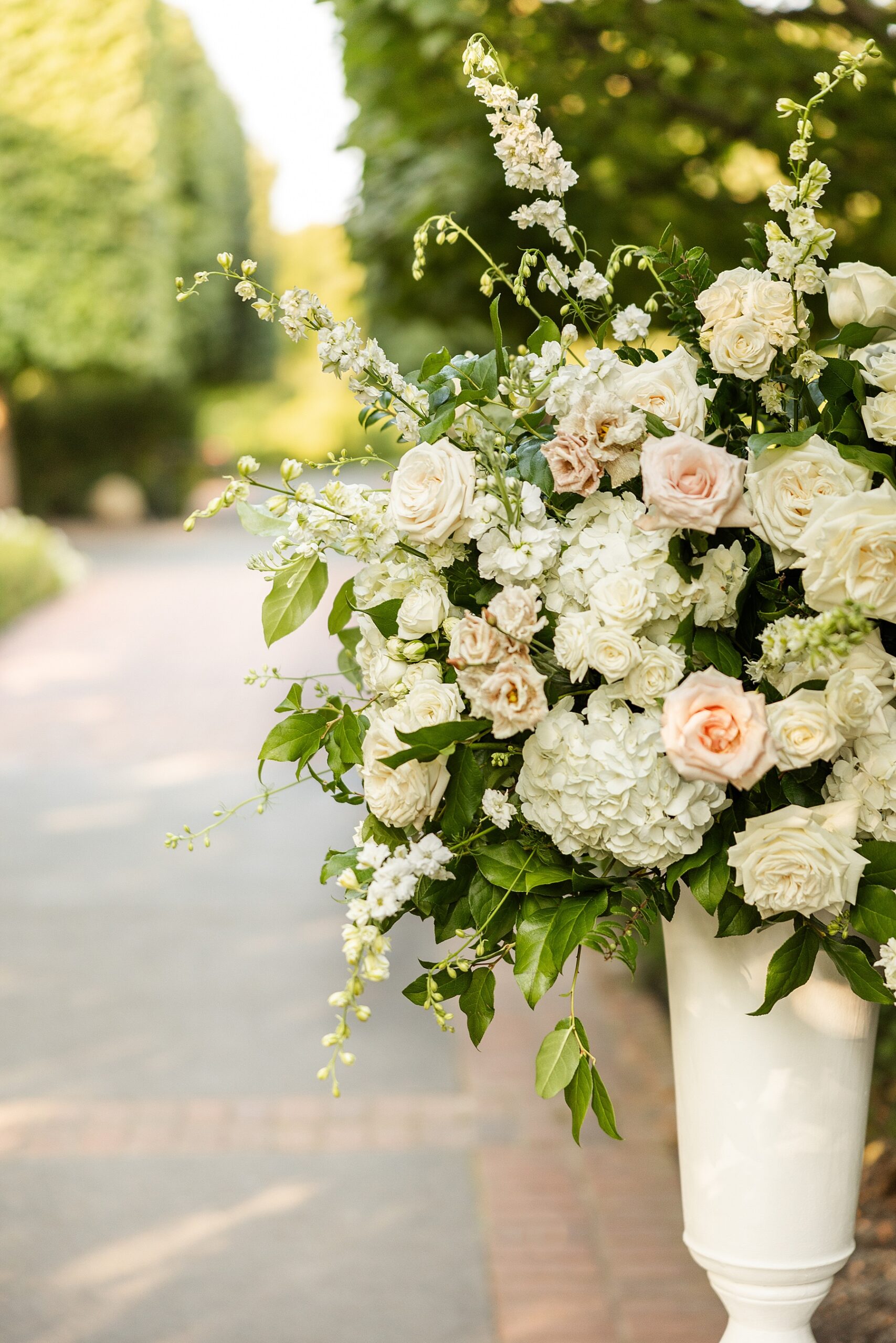 soft pink and white flower arrangements at garden summer wedding at Chicago Botanic Gardens in Glencoe, IL