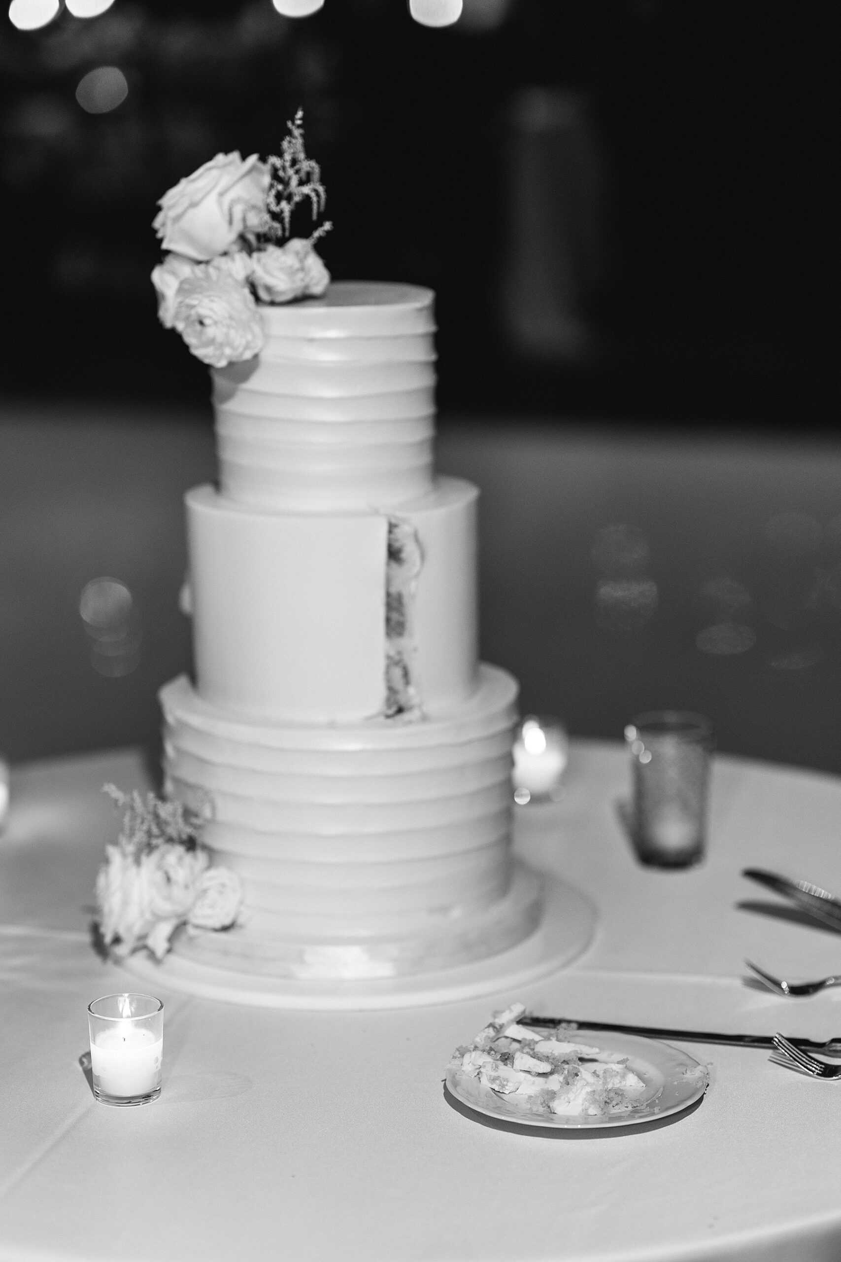 wedding cake with slice cut out 