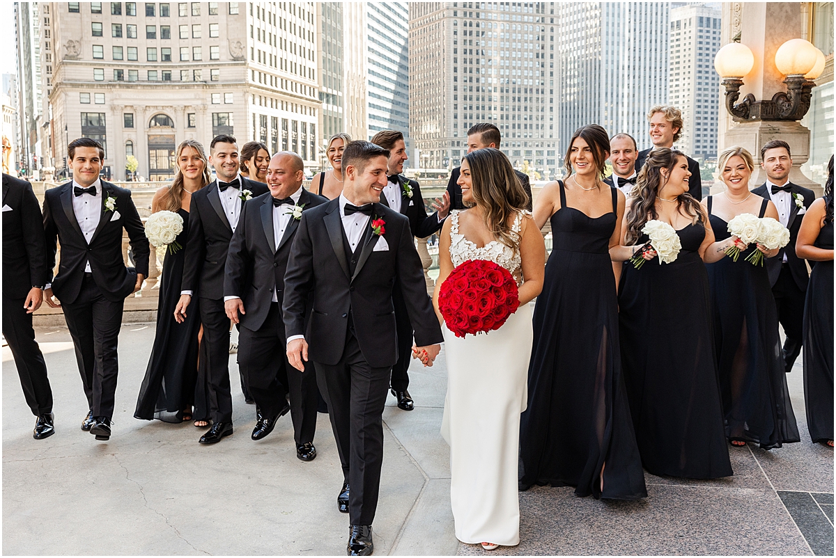 wedding party portraits at Wrigley Building in Chicago