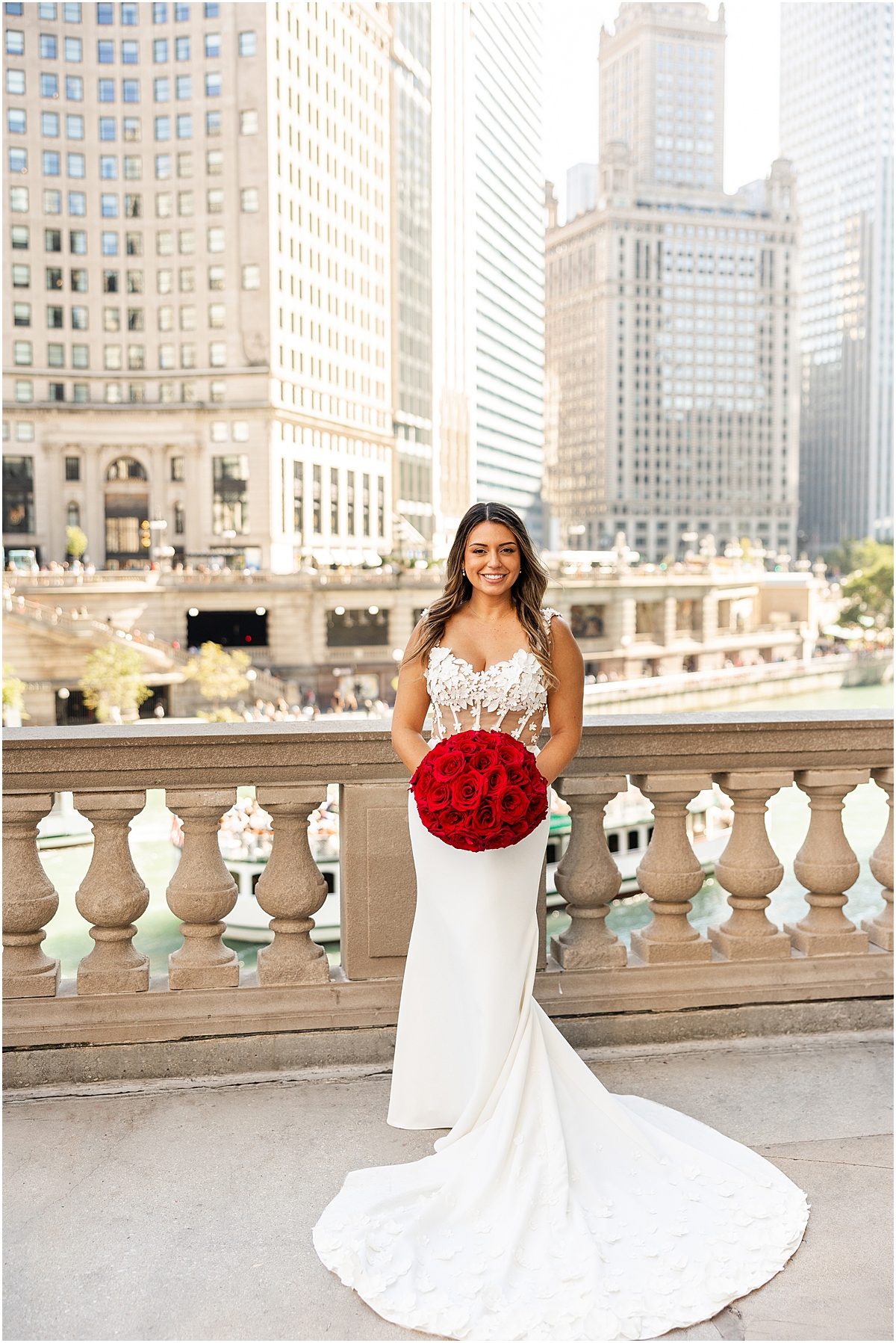 bridal portraits at Wrigley Building overlooking Chicago 