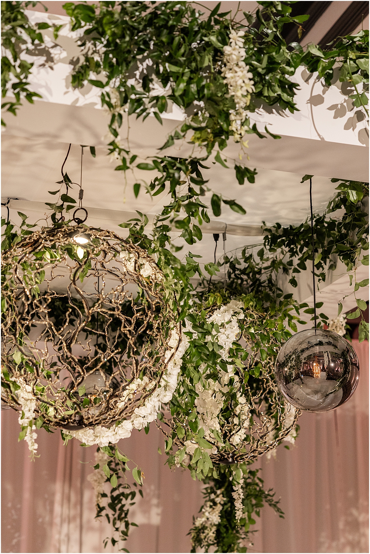 greenery drapes from the ceiling at Chicago Renaissance Hotel wedding 