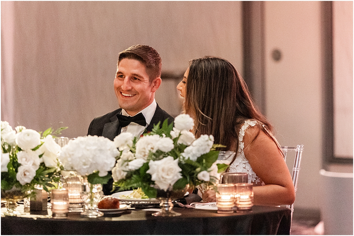 bride and groom react to wedding toast 